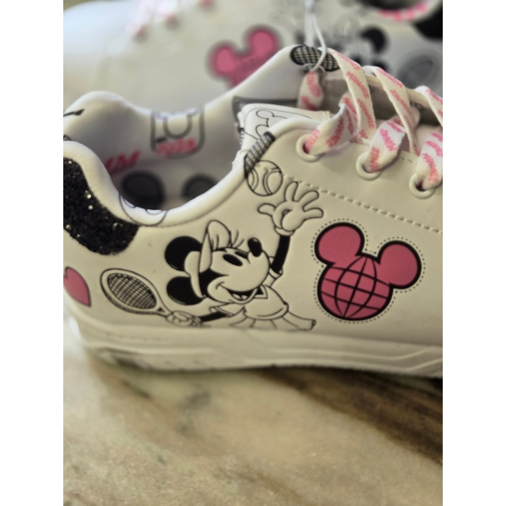 Disney Minnie Mouse Tennis Sneakers White Pink Glitter Girls Size 3 Low Top‎